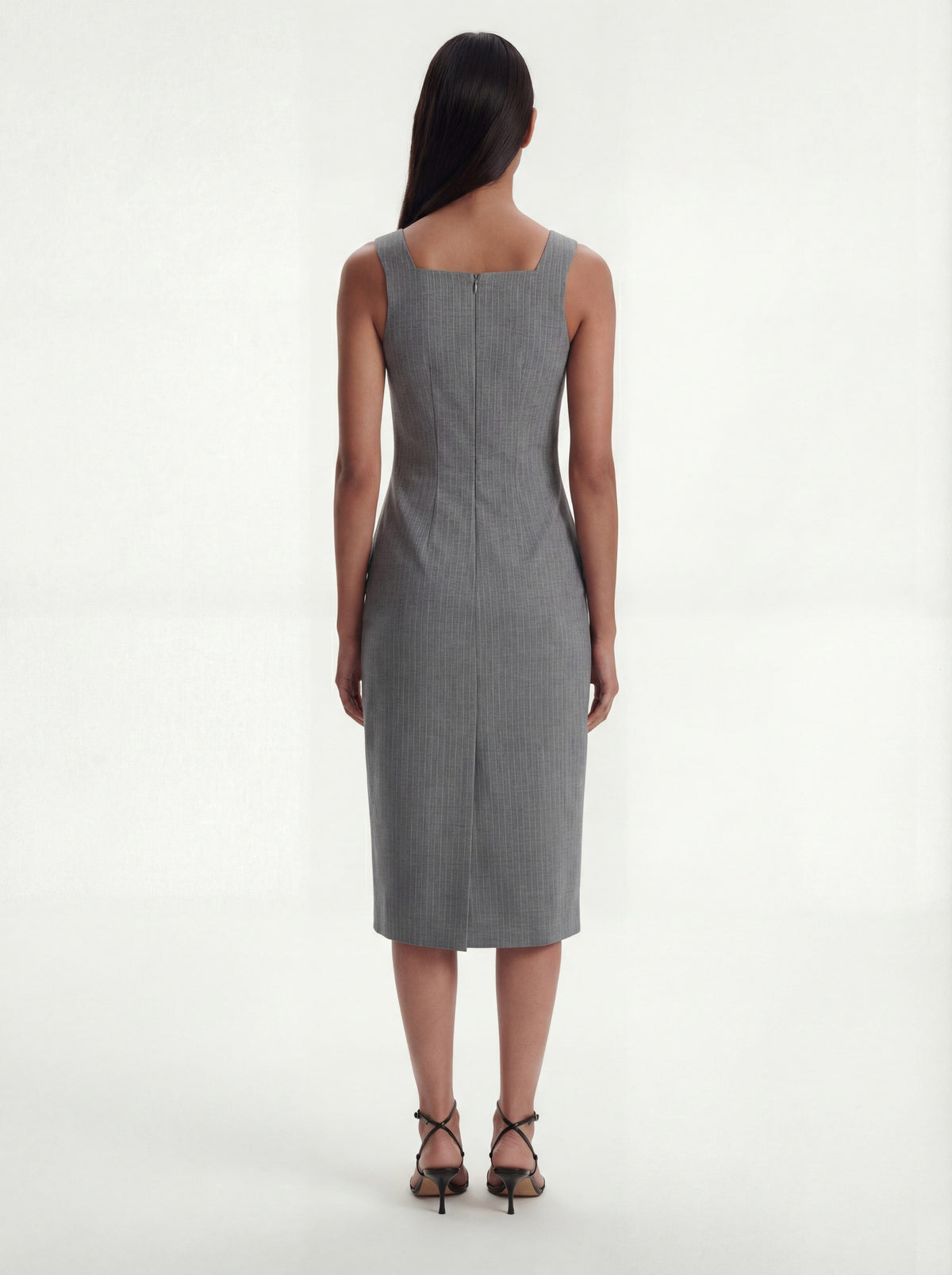 Me Esse Olivia Tailored Midi Dress with Square Neck in Sky Mist Blue with White Stripe