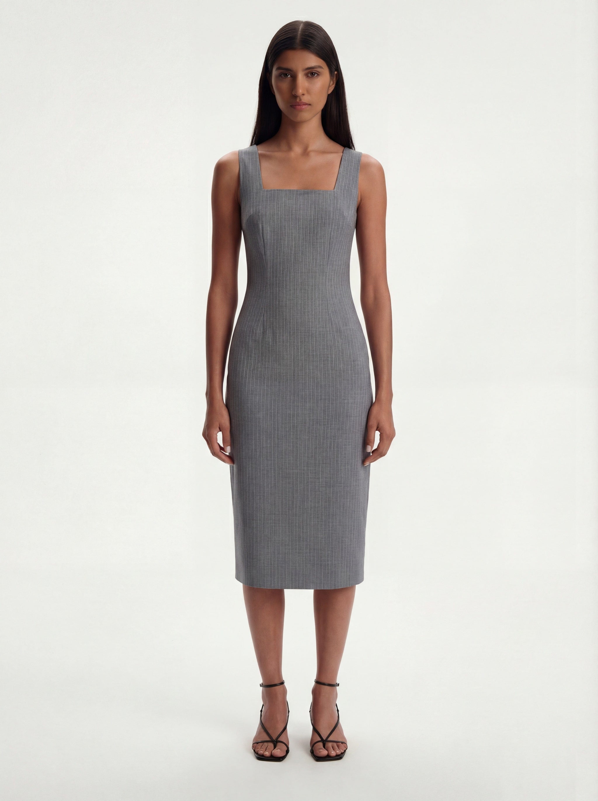 Olivia Tailored Midi Dress with Square Neck in Sky Mist Blue with Whit - Me Esse Olivia Tailored Midi Dress with Square Neck in Sky Mist Blue with Whit - Me Esse