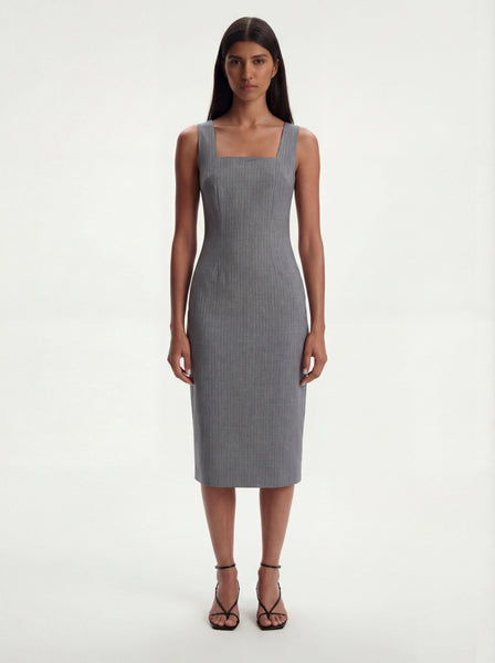 Olivia Tailored Midi Dress with Square Neck in Sky Mist Blue with Whit
