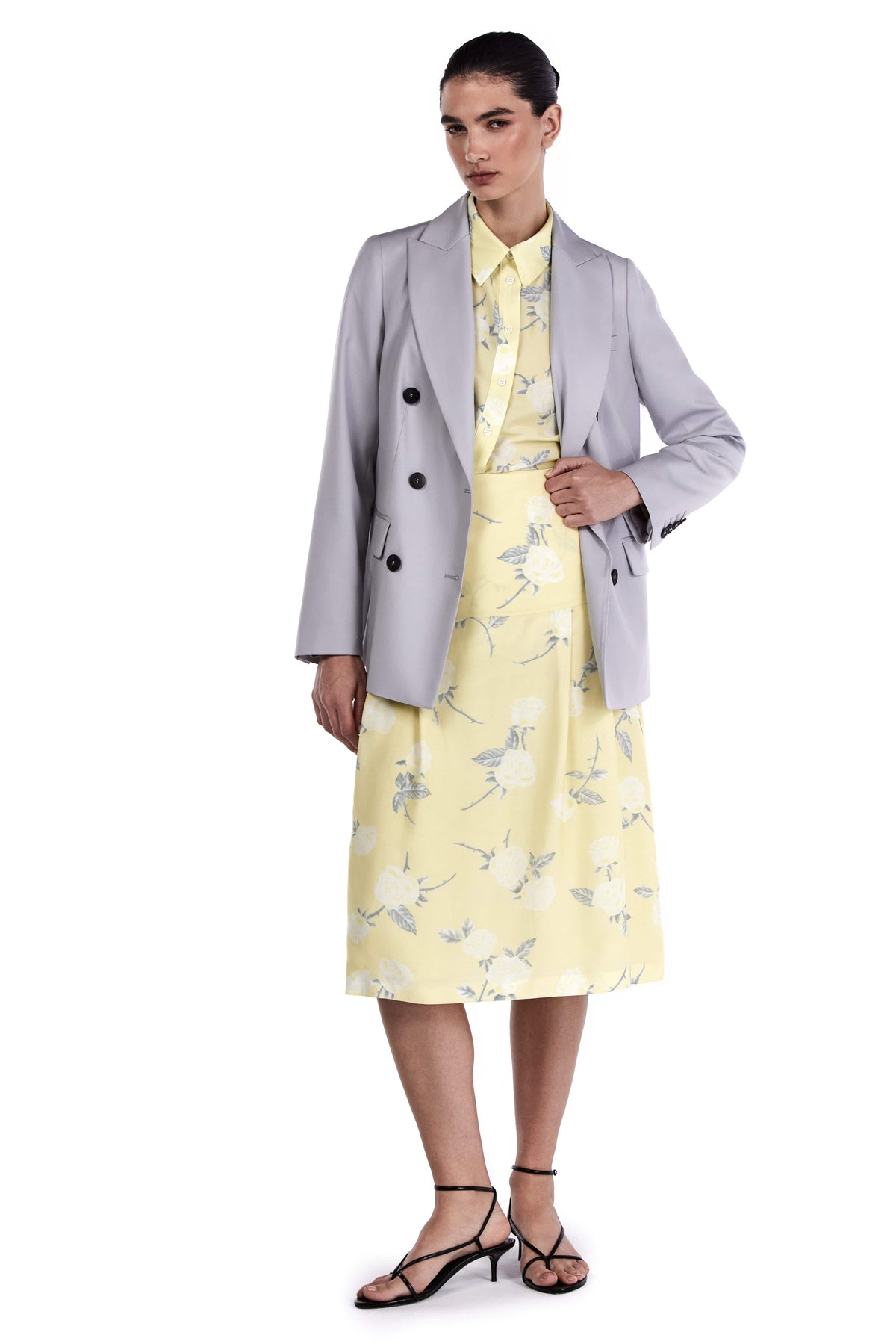 Me Esse Vivienne Roses Print Pleated Midi Skirt in Lemon Yellow