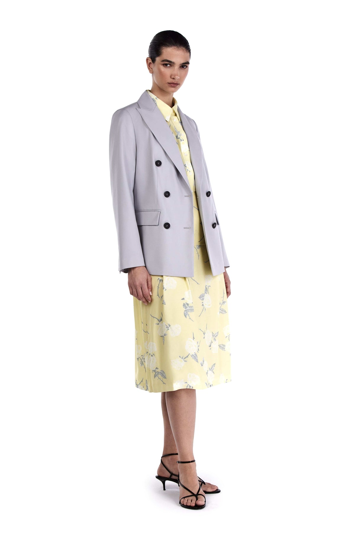 Me Esse Vivienne Roses Print Pleated Midi Skirt in Lemon Yellow